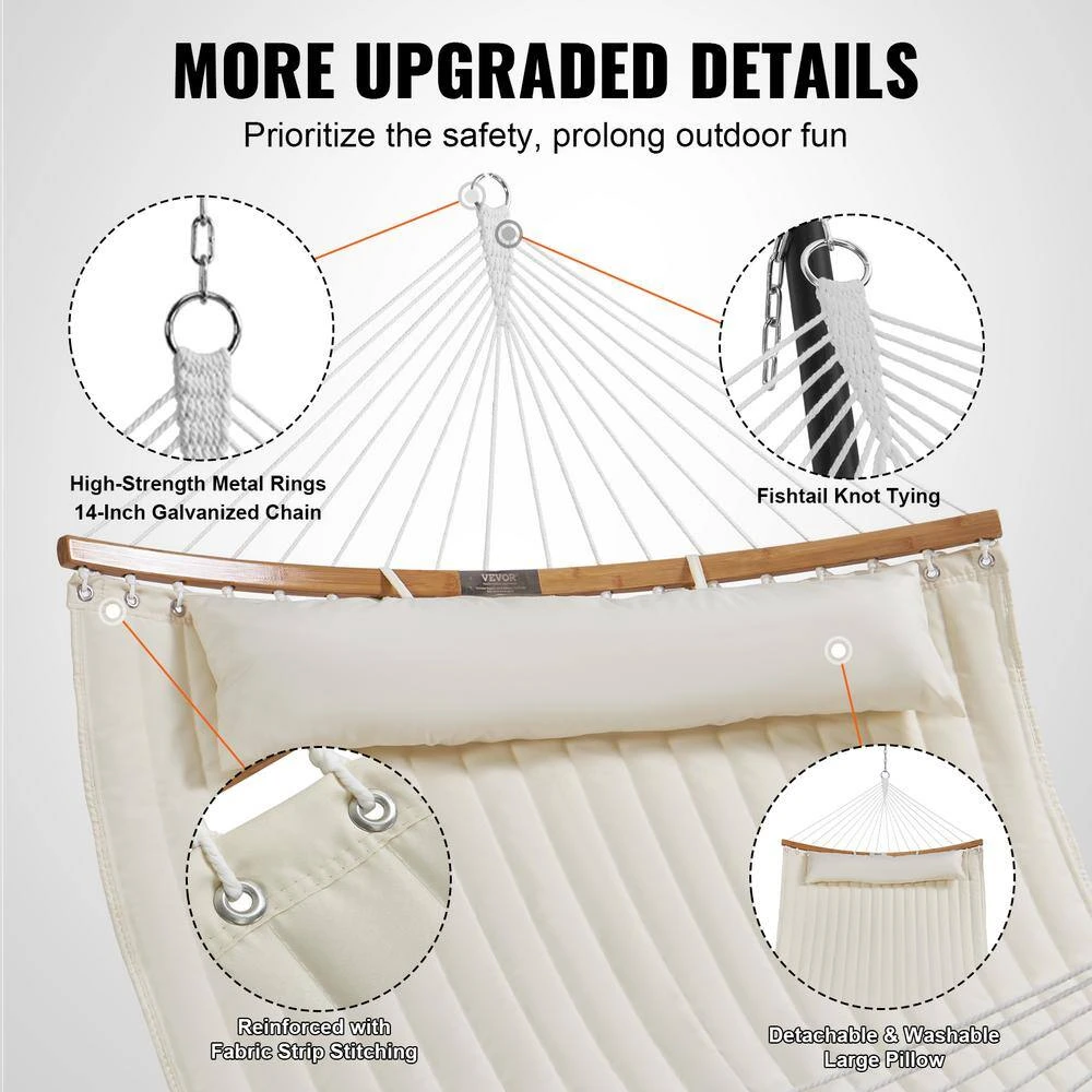 Double Quilted Fabric Hammock 12 FT Double Hammock With Curved Spreader Bars 2-Person Quilted Hammock 7 Double Quilted Fabric Hammock 12 FT Double Hammock With Curved Spreader Bars 2-Person Quilted Hammock - Image 5