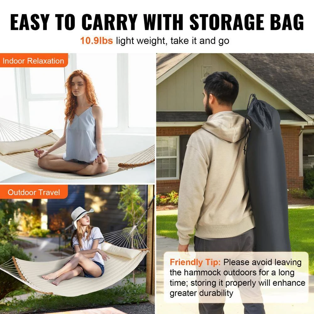 Double Quilted Fabric Hammock 12 FT Double Hammock With Curved Spreader Bars 2-Person Quilted Hammock 8 Double Quilted Fabric Hammock 12 FT Double Hammock With Curved Spreader Bars 2-Person Quilted Hammock - Image 6