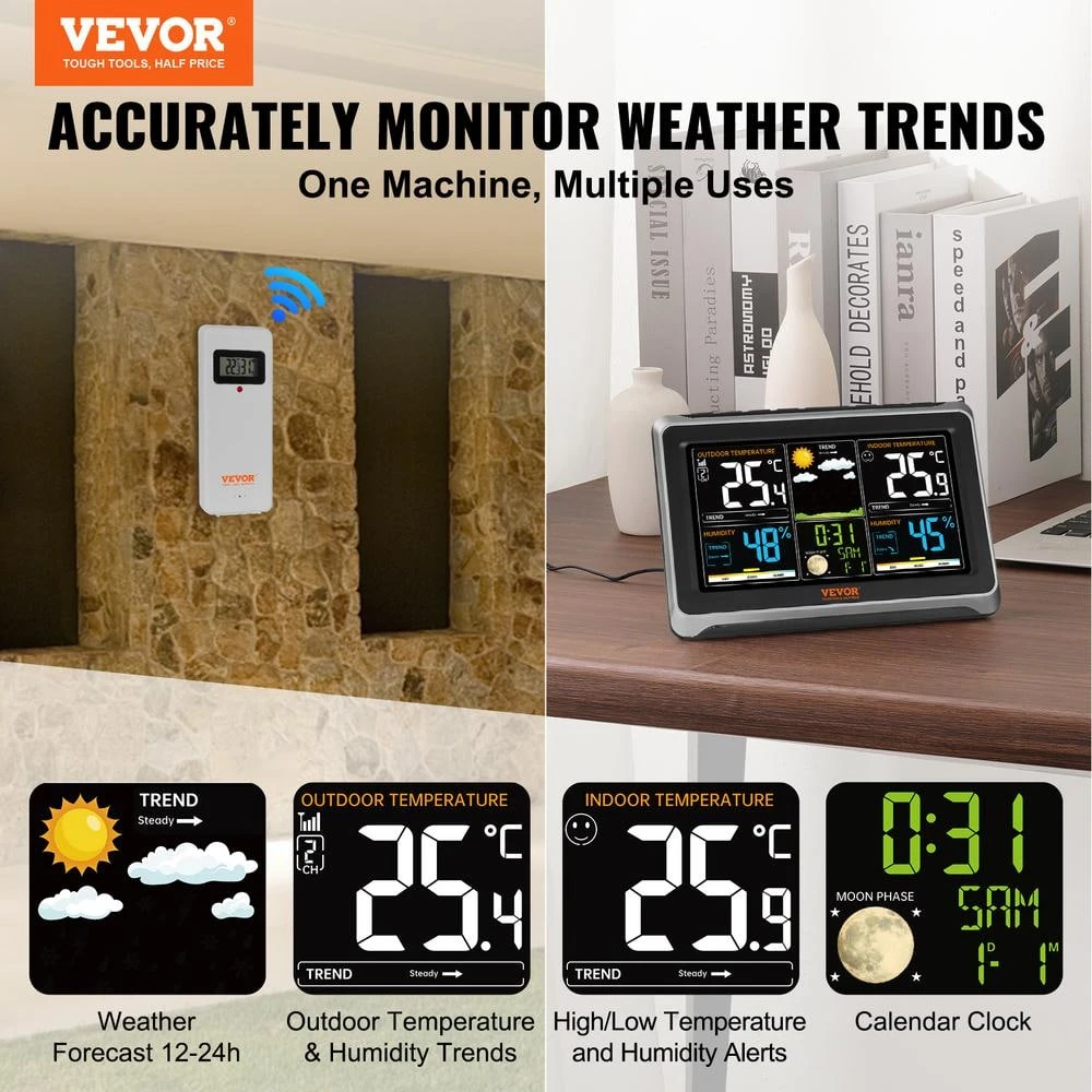 Wireless Digital Weather Station With Sensor 7.5 In. Display Atomic Clock Forecast Data Calendar Alarm Alert Temperature 4 Wireless Digital Weather Station With Sensor 7.5 In. Display Atomic Clock Forecast Data Calendar Alarm Alert Temperature - Image 2