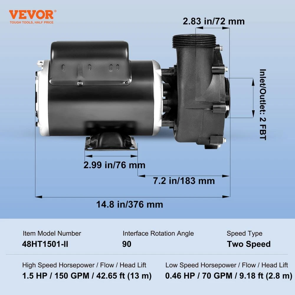 2 Speed SPA Pump 48-Frame AC 110-120 Volt Hot Tub Spa Pump 1.5 HP High Speed Or 0.46 HP Low Speed For Hot Tub UL Listed 4 2 Speed SPA Pump 48-Frame AC 110-120 Volt Hot Tub Spa Pump 1.5 HP High Speed Or 0.46 HP Low Speed For Hot Tub UL Listed - Image 2