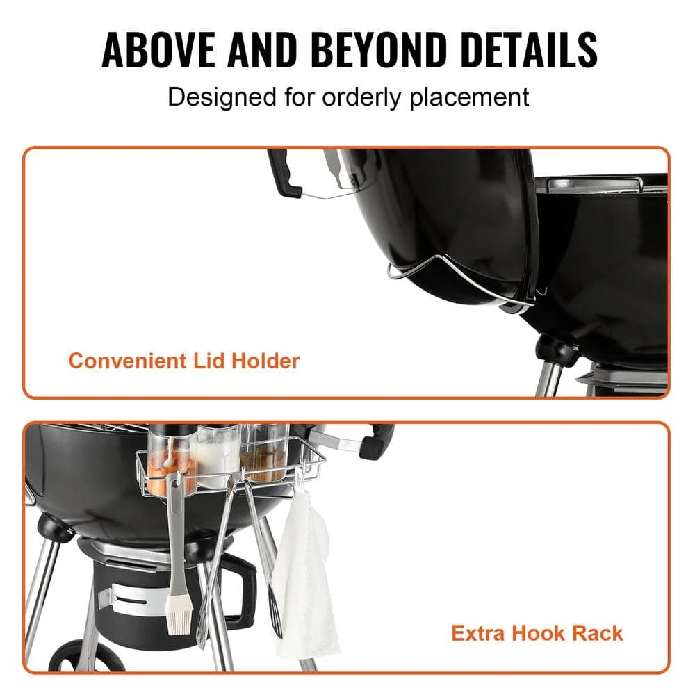 22 In. Kettle Charcoal Grill With Porcelain-Enameled Lid,Bowl,Slide Out Ash Catcher Thermometer Kettle Grill,Black 7 22 In. Kettle Charcoal Grill With Porcelain-Enameled Lid,Bowl,Slide Out Ash Catcher Thermometer Kettle Grill,Black - Image 5