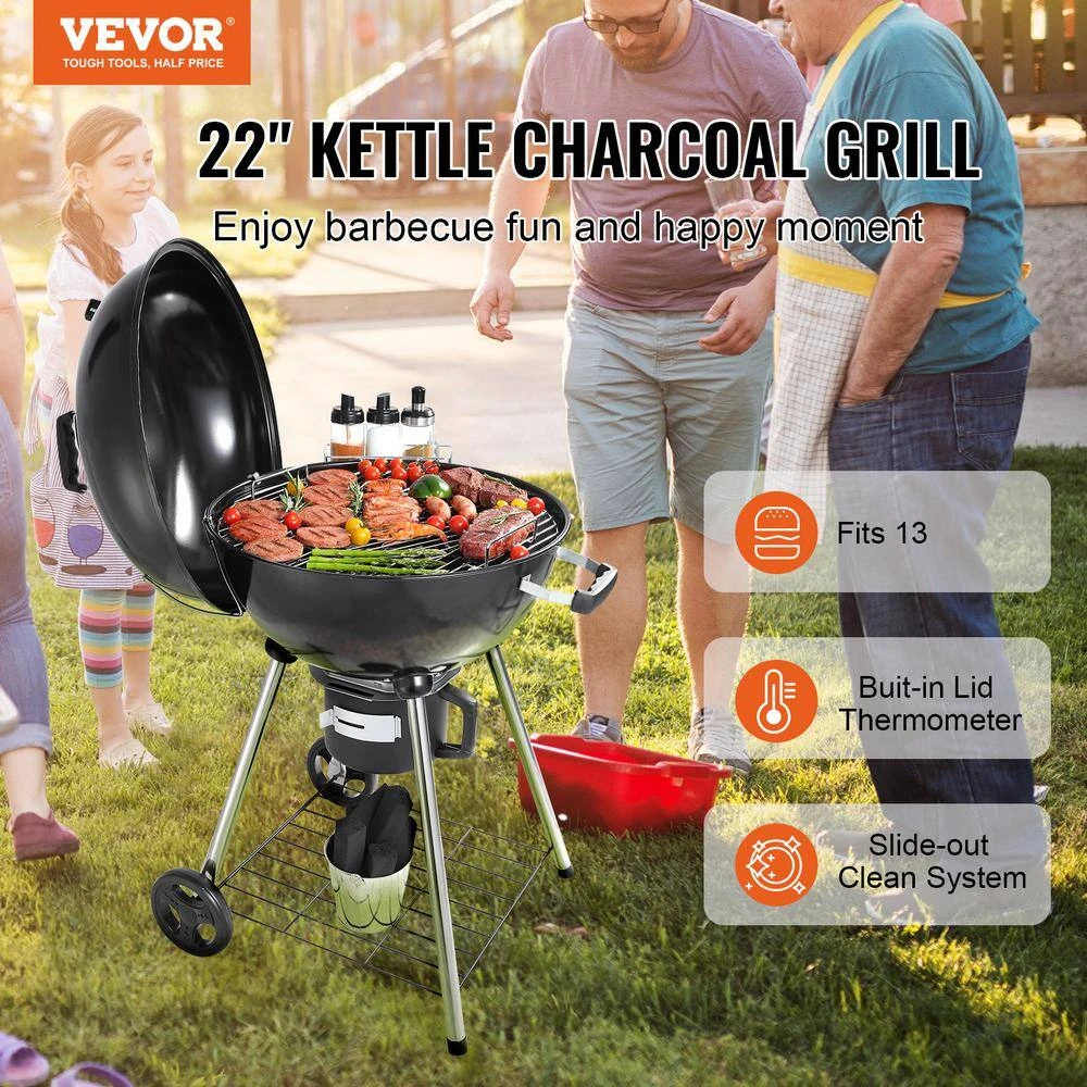22 In. Kettle Charcoal Grill With Porcelain-Enameled Lid,Bowl,Slide Out Ash Catcher Thermometer Kettle Grill,Black 4 22 In. Kettle Charcoal Grill With Porcelain-Enameled Lid,Bowl,Slide Out Ash Catcher Thermometer Kettle Grill,Black - Image 2