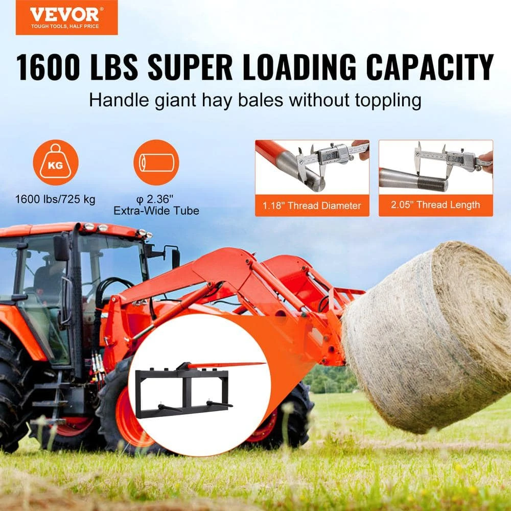 49 In. Hay Spear Bale Spears 1600 Lbs. Loading Capacity Skid Steer Loader Tractor Attachment With 2pcs 17.5 In. 4 49 In. Hay Spear Bale Spears 1600 Lbs. Loading Capacity Skid Steer Loader Tractor Attachment With 2pcs 17.5 In. - Image 2
