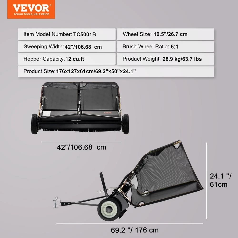 42 In. Lawn Sweeper Tow Behind, 12 Cu. Ft. Large Pull Behind Grass Sweeper, 15 In. Edger Heavy Duty Leaf Grass Collector 9 42 In. Lawn Sweeper Tow Behind, 12 Cu. Ft. Large Pull Behind Grass Sweeper, 15 In. Edger Heavy Duty Leaf Grass Collector - Image 7