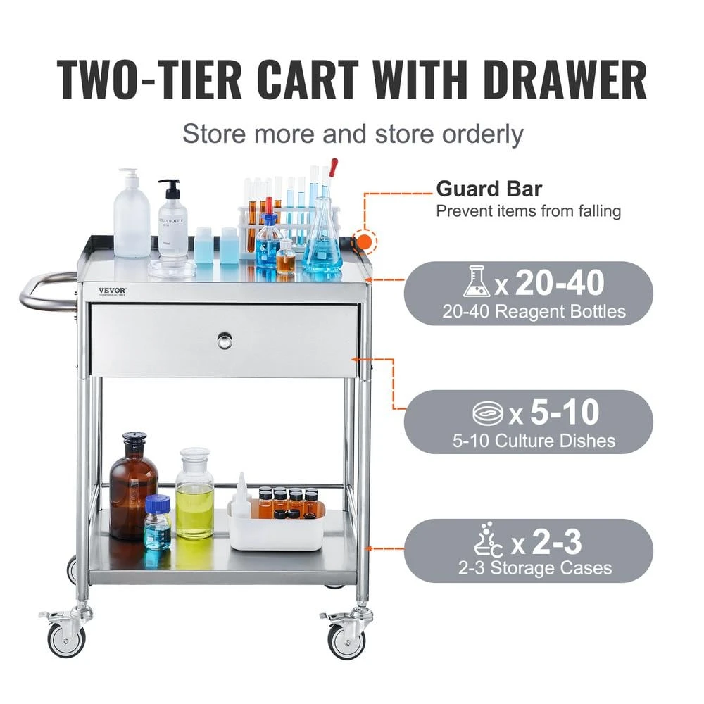 Medical Cart 2-Layer Stainless Steel Serving Cart 220 Lbs. Weight Capacity With 360° Silent Wheels And A Drawer 8 Medical Cart 2-Layer Stainless Steel Serving Cart 220 Lbs. Weight Capacity With 360° Silent Wheels And A Drawer - Image 6