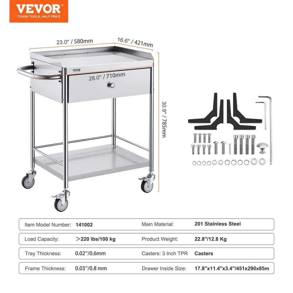 Medical Cart 2-Layer Stainless Steel Serving Cart 220 Lbs. Weight Capacity With 360° Silent Wheels And A Drawer 10 Medical Cart 2-Layer Stainless Steel Serving Cart 220 Lbs. Weight Capacity With 360° Silent Wheels And A Drawer - Image 8