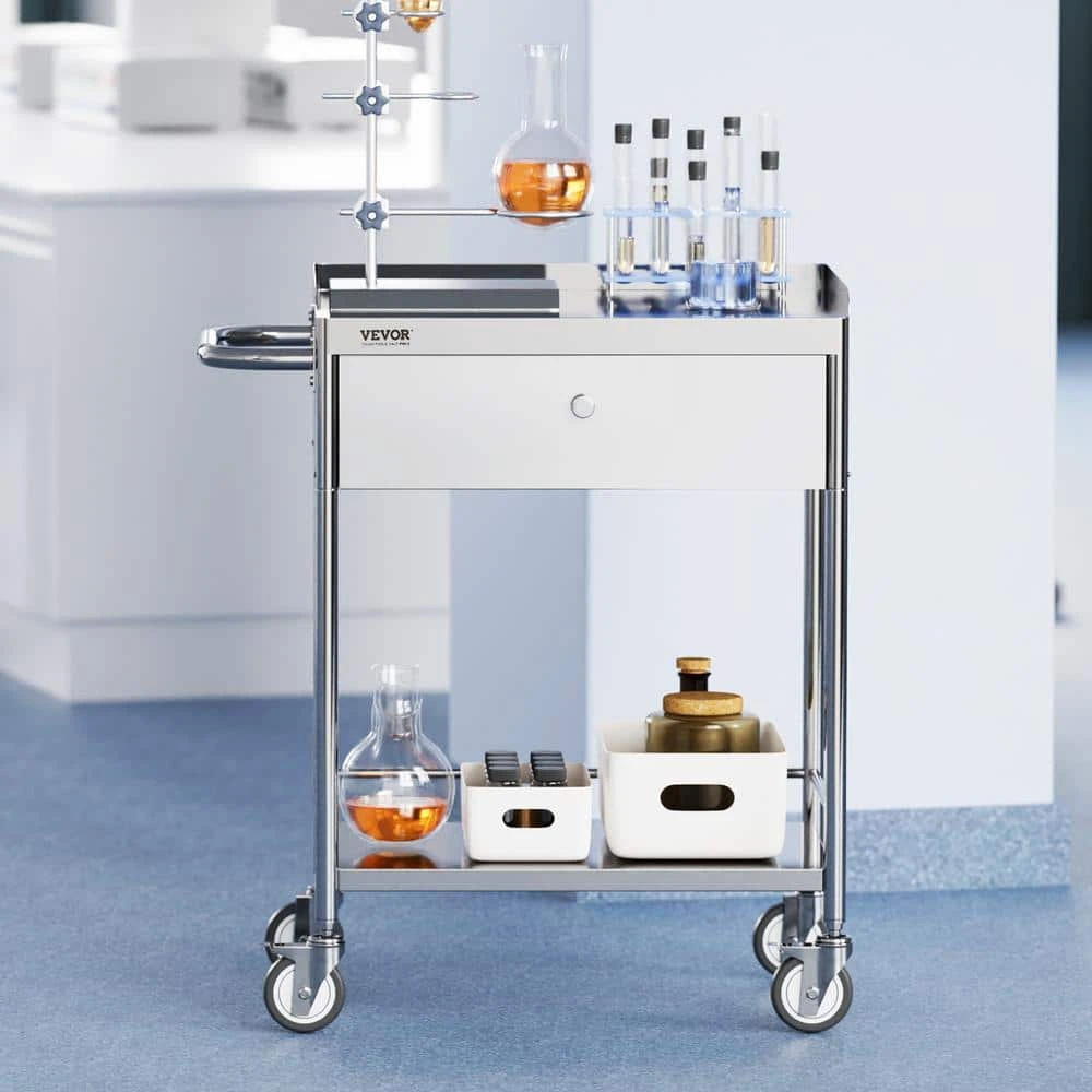 Medical Cart 2-Layer Stainless Steel Serving Cart 220 Lbs. Weight Capacity With 360° Silent Wheels And A Drawer 4 Medical Cart 2-Layer Stainless Steel Serving Cart 220 Lbs. Weight Capacity With 360° Silent Wheels And A Drawer - Image 2
