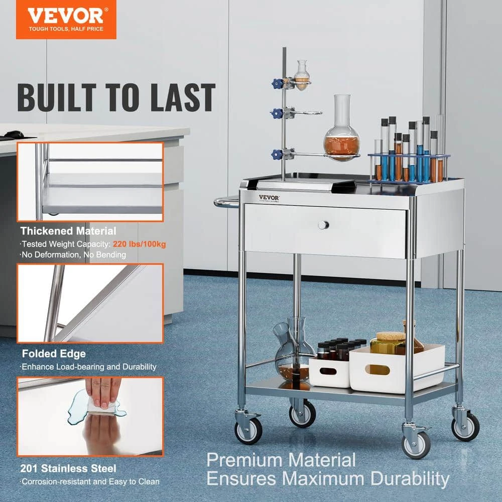 Medical Cart 2-Layer Stainless Steel Serving Cart 220 Lbs. Weight Capacity With 360° Silent Wheels And A Drawer 5 Medical Cart 2-Layer Stainless Steel Serving Cart 220 Lbs. Weight Capacity With 360° Silent Wheels And A Drawer - Image 3