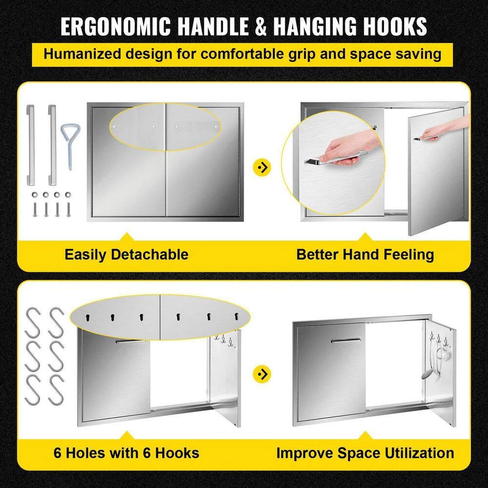 33 In. W X 23 In. H 304 Stainless Steel Double BBQ Access Door With Hooks Outdoor Kitchen Doors For Outside Cabinet 5 33 In. W X 23 In. H 304 Stainless Steel Double BBQ Access Door With Hooks Outdoor Kitchen Doors For Outside Cabinet - Image 4