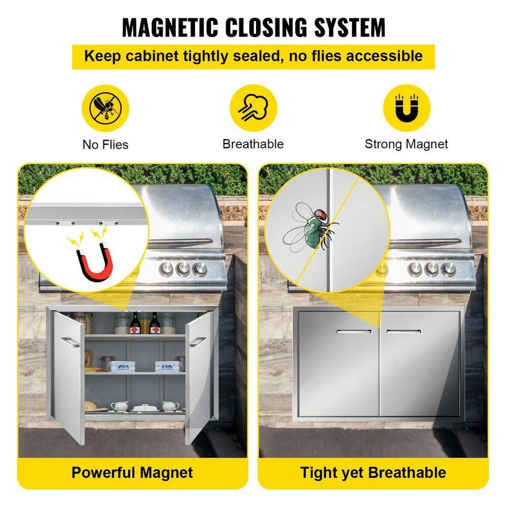 33 In. W X 23 In. H 304 Stainless Steel Double BBQ Access Door With Hooks Outdoor Kitchen Doors For Outside Cabinet 7 33 In. W X 23 In. H 304 Stainless Steel Double BBQ Access Door With Hooks Outdoor Kitchen Doors For Outside Cabinet - Image 6