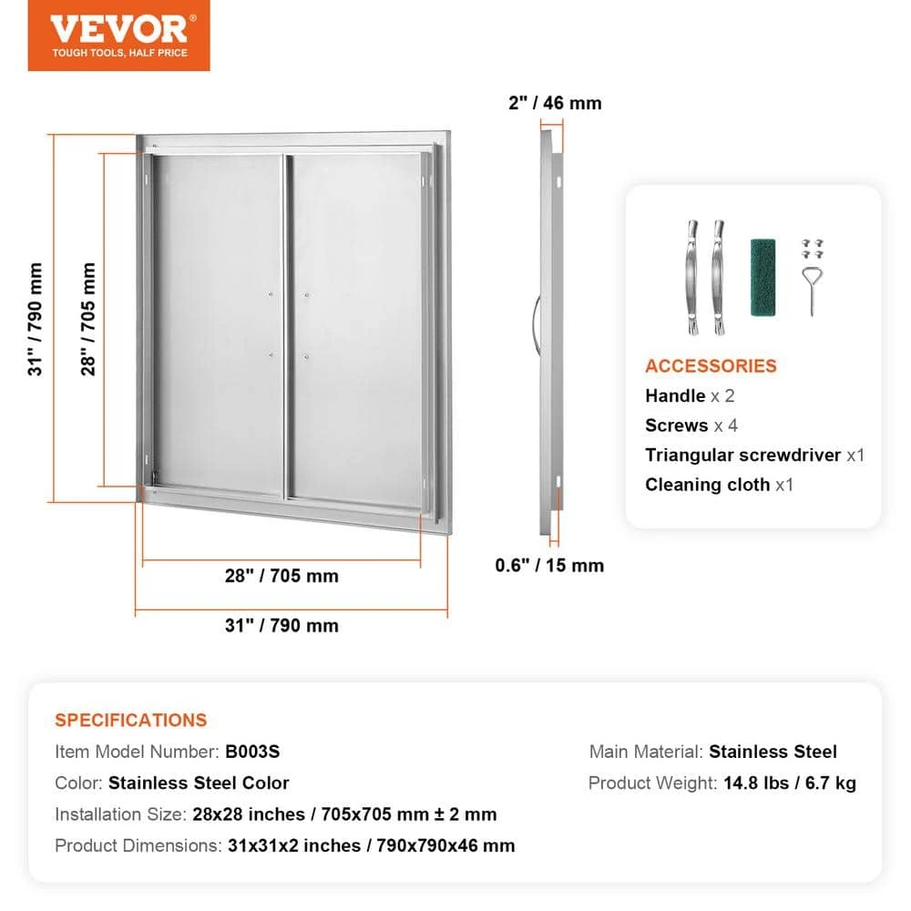 Double Outdoor Kitchen Door 31 In. W X 31 In. H BBQ Access Door Stainless Steel Flush Mount Door Wall Vertical Door 9 Double Outdoor Kitchen Door 31 In. W X 31 In. H BBQ Access Door Stainless Steel Flush Mount Door Wall Vertical Door - Image 7