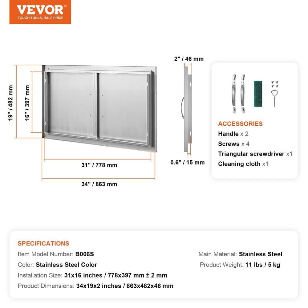 34 In. W X 19 In. H Double Outdoor Kitchen Door BBQ Access Door Stainless Steel Flush Mount Door Wall Vertical Door 9 34 In. W X 19 In. H Double Outdoor Kitchen Door BBQ Access Door Stainless Steel Flush Mount Door Wall Vertical Door - Image 7