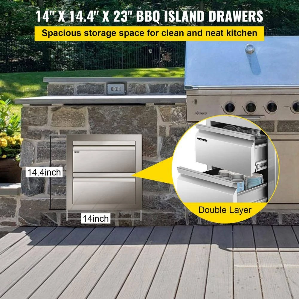 14 In. W X 14.5 In. H X 23 In. D Outdoor Kitchen Drawers Flush Mount Stainless Steel Double Access Drawers With Handles 5 14 In. W X 14.5 In. H X 23 In. D Outdoor Kitchen Drawers Flush Mount Stainless Steel Double Access Drawers With Handles - Image 3