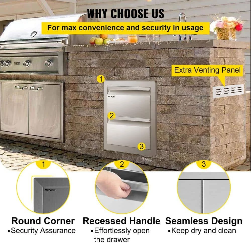14 In. W X 14.5 In. H X 23 In. D Outdoor Kitchen Drawers Flush Mount Stainless Steel Double Access Drawers With Handles 8 14 In. W X 14.5 In. H X 23 In. D Outdoor Kitchen Drawers Flush Mount Stainless Steel Double Access Drawers With Handles - Image 6