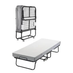 Rollaway Bed, Black Metal Frame, Outdoor Rocking Chair With White Cushion, 31 X 75 In. Folding Bed With 5 In. Mattress