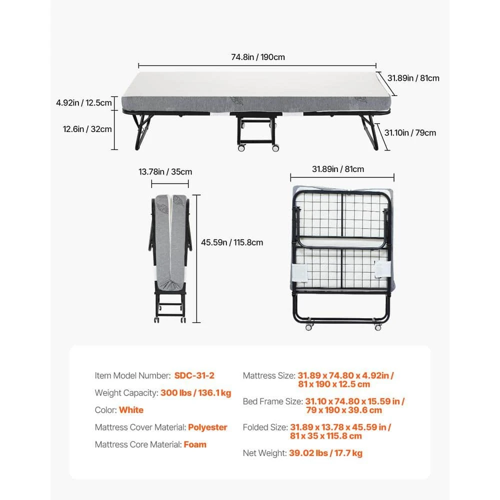 Rollaway Bed, Black Metal Frame, Outdoor Rocking Chair With White Cushion, 31 X 75 In. Folding Bed With 5 In. Mattress 9 Rollaway Bed, Black Metal Frame, Outdoor Rocking Chair With White Cushion, 31 X 75 In. Folding Bed With 5 In. Mattress - Image 7