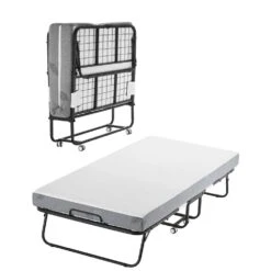 Rollaway Bed, Black Metal Frame, Outdoor Rocking Chair With White Cushion, 38 X 75 In. Folding Bed With 5 In. Mattress