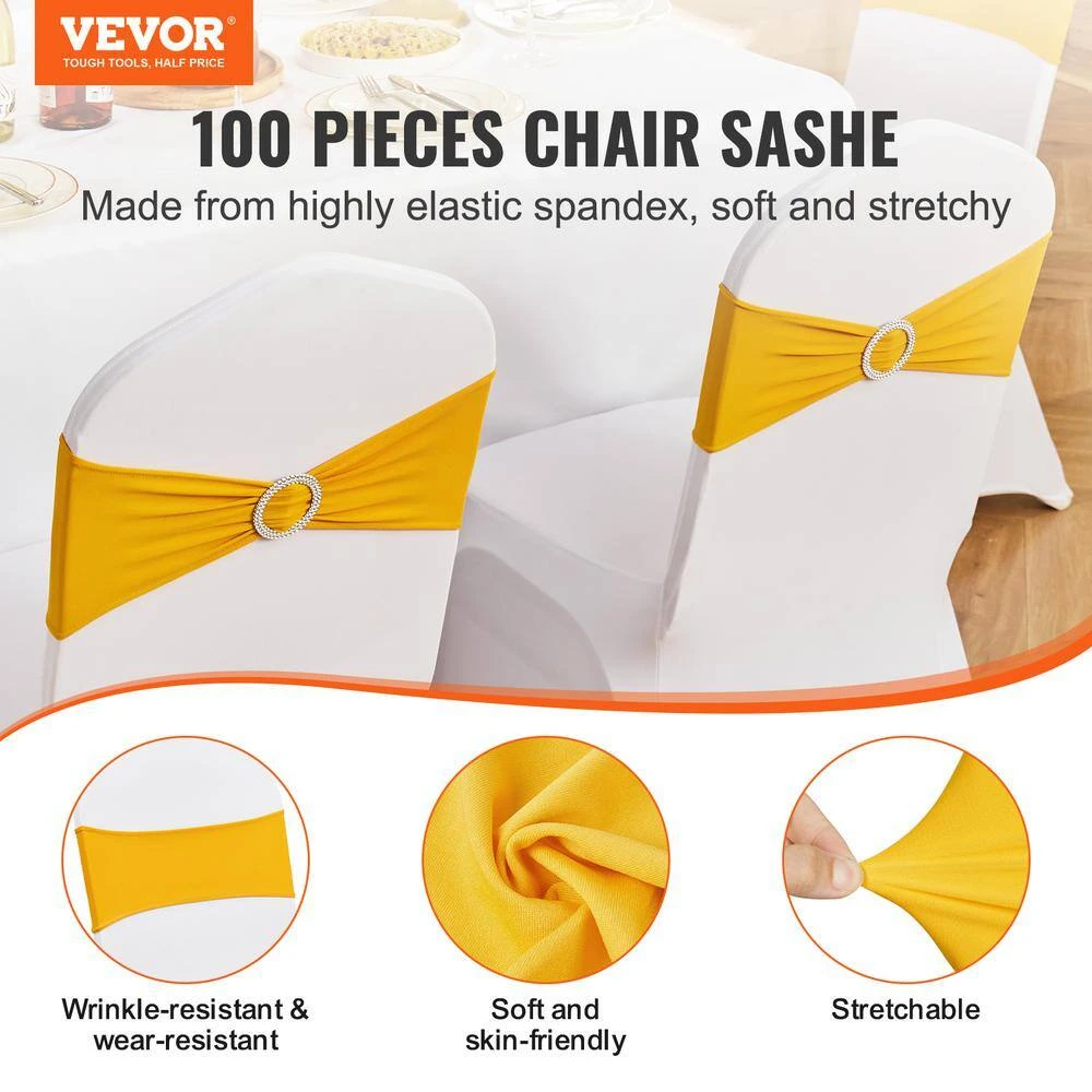 100 Pieces Stretch Spandex Chair Sashes, Chair Slipcover And Stretch Chair Sash, Yellow 4 100 Pieces Stretch Spandex Chair Sashes, Chair Slipcover And Stretch Chair Sash, Yellow - Image 2