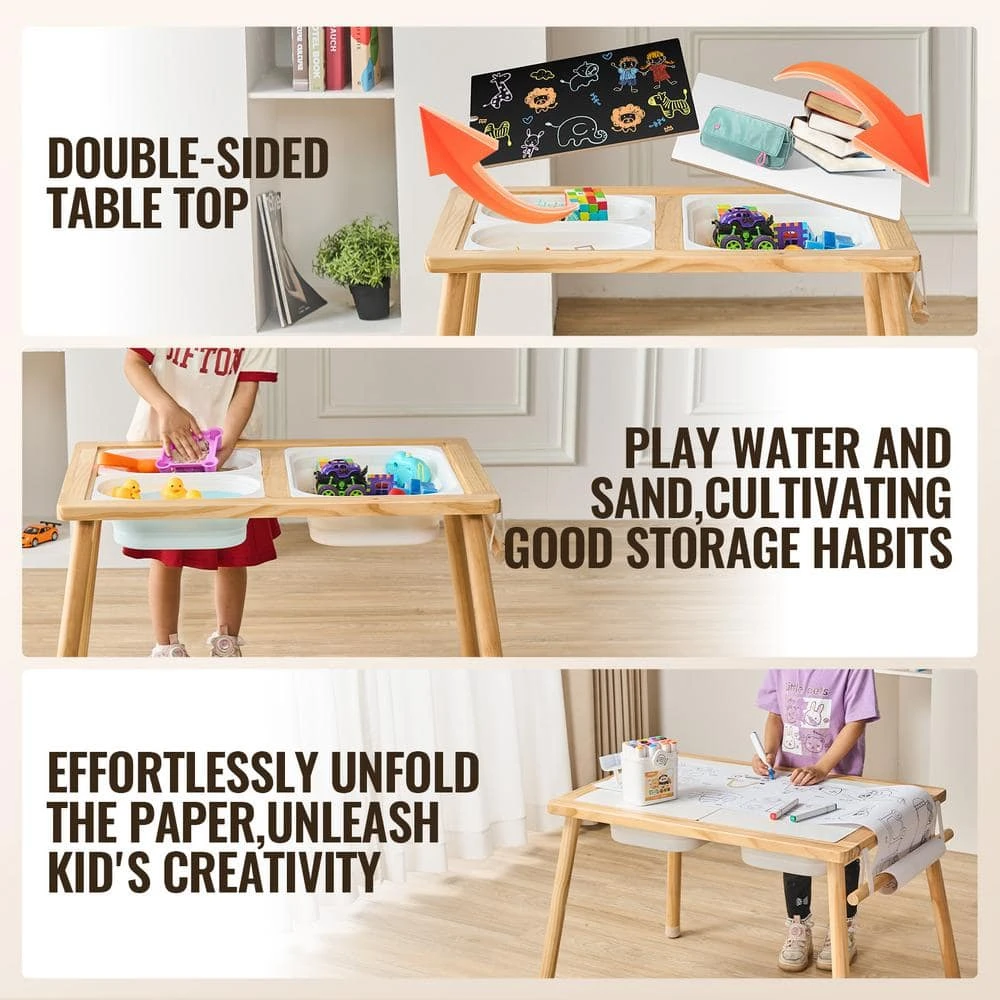 Sensory Table For Toddlers, Kids Activity Table With 3 Foldable Storage Bins And Paper Roll Holder, Play Table, Wooden 5 Sensory Table For Toddlers, Kids Activity Table With 3 Foldable Storage Bins And Paper Roll Holder, Play Table, Wooden - Image 3