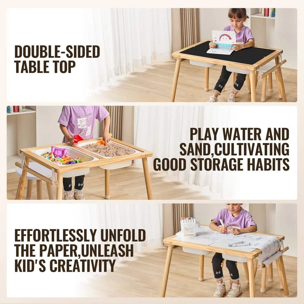 Sensory Table And Chairs Set, Toddlers Activity Table W/2 Stools 2 Storage Bins And Paper Roll Holder, Play Sand, Wooden 5 Sensory Table And Chairs Set, Toddlers Activity Table W/2 Stools 2 Storage Bins And Paper Roll Holder, Play Sand, Wooden - Image 3