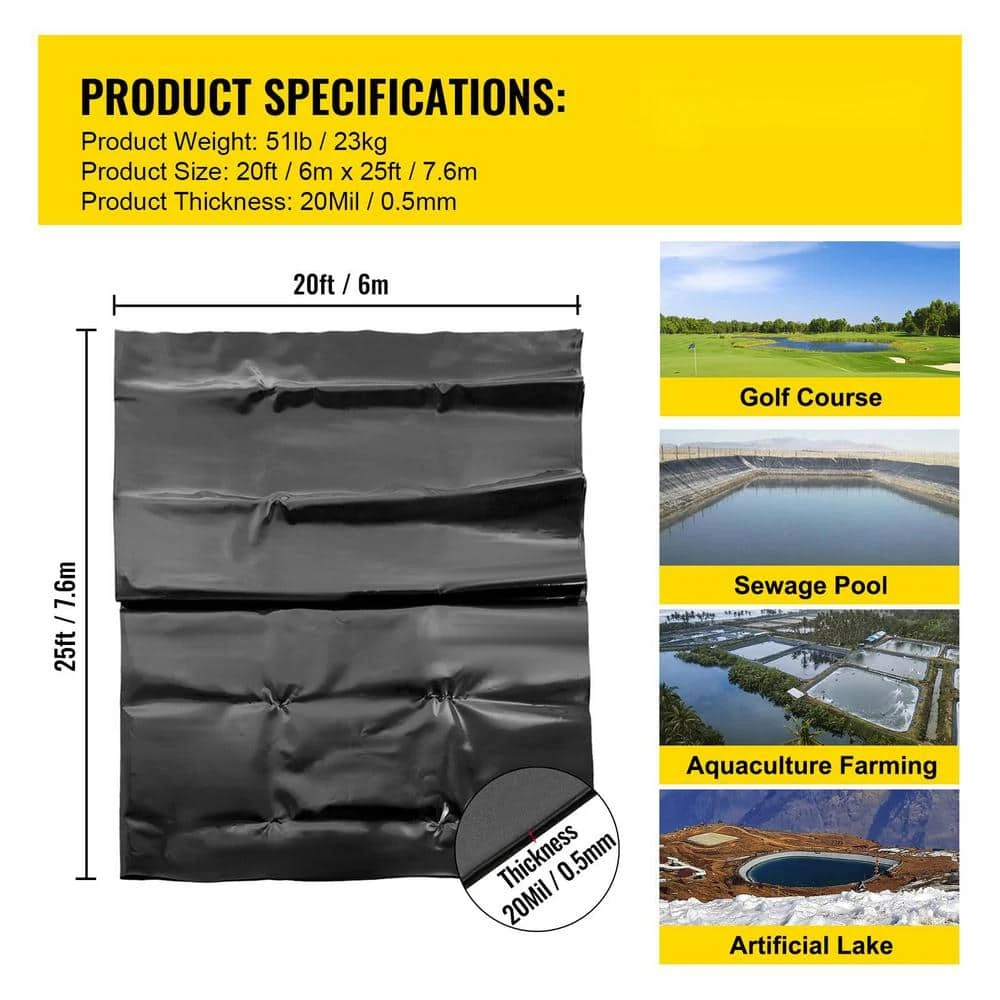 Pond Liner 20 Ft. X 25 Ft. 20 Mil Thickness High Tensile Sunlight-proof Flexible LLDPE Pond For Sewage Tank, Black 4 Pond Liner 20 Ft. X 25 Ft. 20 Mil Thickness High Tensile Sunlight-proof Flexible LLDPE Pond For Sewage Tank, Black - Image 2