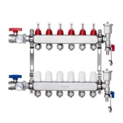 6-Branch Radiant Heat Manifold,1/2 In. PEX Tubing Manifold, Stainless Steel PEX Manifold, Radiant Heat PEX Manifold Kit