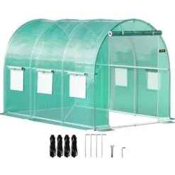 Walk-in Tunnel Greenhouse 10 Ft. D X 7 Ft. W X 7 Ft. H Portable Plant Greenhouse With Galvanized Steel Hoops, Green