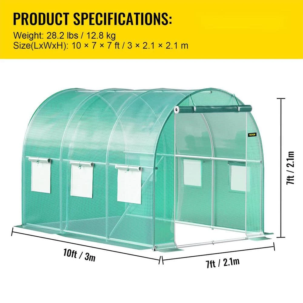 Walk-in Tunnel Greenhouse 10 Ft. D X 7 Ft. W X 7 Ft. H Portable Plant Greenhouse With Galvanized Steel Hoops, Green 9 Walk-in Tunnel Greenhouse 10 Ft. D X 7 Ft. W X 7 Ft. H Portable Plant Greenhouse With Galvanized Steel Hoops, Green - Image 7