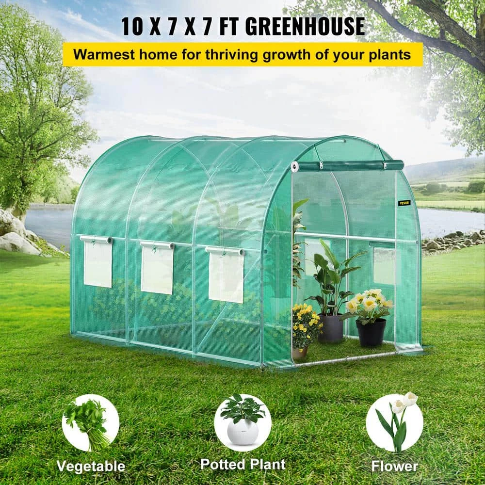 Walk-in Tunnel Greenhouse 10 Ft. D X 7 Ft. W X 7 Ft. H Portable Plant Greenhouse With Galvanized Steel Hoops, Green 4 Walk-in Tunnel Greenhouse 10 Ft. D X 7 Ft. W X 7 Ft. H Portable Plant Greenhouse With Galvanized Steel Hoops, Green - Image 2