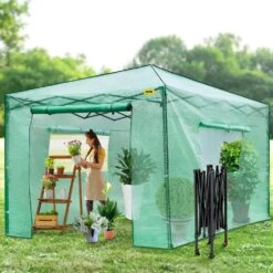 12 Ft. X 8 Ft. X 8 Ft. Pop-Up Greenhouse PE Cover And Steel Construction Walk-in Greenhouse With Doors And Windows -Patio Furniture Shop vevor portable greenhouses zdbxshyw 128814r5v0 31 1000