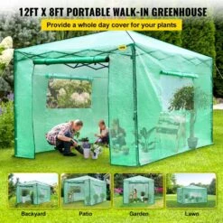 12 Ft. X 8 Ft. X 8 Ft. Pop-Up Greenhouse PE Cover And Steel Construction Walk-in Greenhouse With Doors And Windows -Patio Furniture Shop vevor portable greenhouses zdbxshyw 128814r5v0 c3 1000