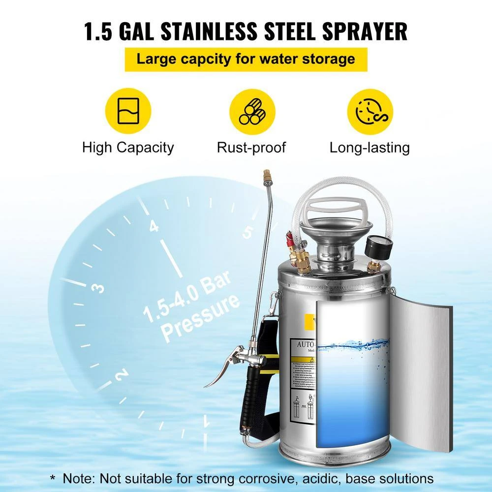 1.5 Gal. Stainless Steel Sprayer Garden Sprayer With Pressure Gauge, Safety Valve, Adjustable Nozzle For Sanitizing 5 1.5 Gal. Stainless Steel Sprayer Garden Sprayer With Pressure Gauge, Safety Valve, Adjustable Nozzle For Sanitizing - Image 3