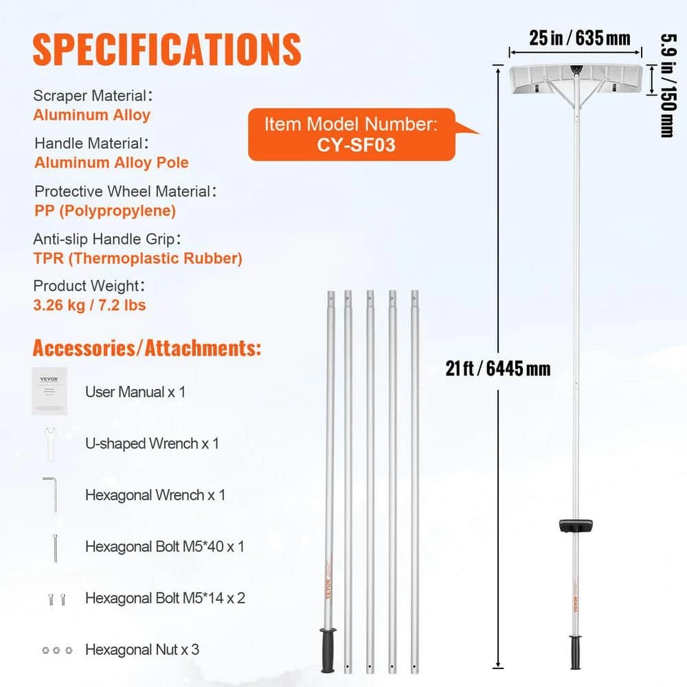Snow Roof Rake 25 In. Blade Snow Removal Tool 21 Ft. Reach Aluminium Roof Shovel Roll Wheels Snow Blowers 8 Snow Roof Rake 25 In. Blade Snow Removal Tool 21 Ft. Reach Aluminium Roof Shovel Roll Wheels Snow Blowers - Image 7