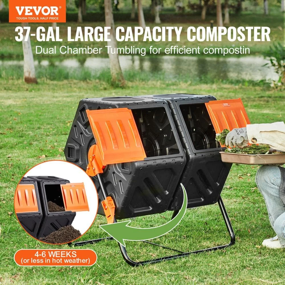 Compost Bin 37 Gal. Dual Chamber Composting Tumbler High Volume Two Rotating Chambers With 2 Sliding Door And Frame 4 Compost Bin 37 Gal. Dual Chamber Composting Tumbler High Volume Two Rotating Chambers With 2 Sliding Door And Frame - Image 2