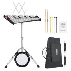 Adults 32 Note Professional Glockenspiel Xylophone Bell Kit With 8 In. Practice Pad Adjustable Stand And Carrying Bag