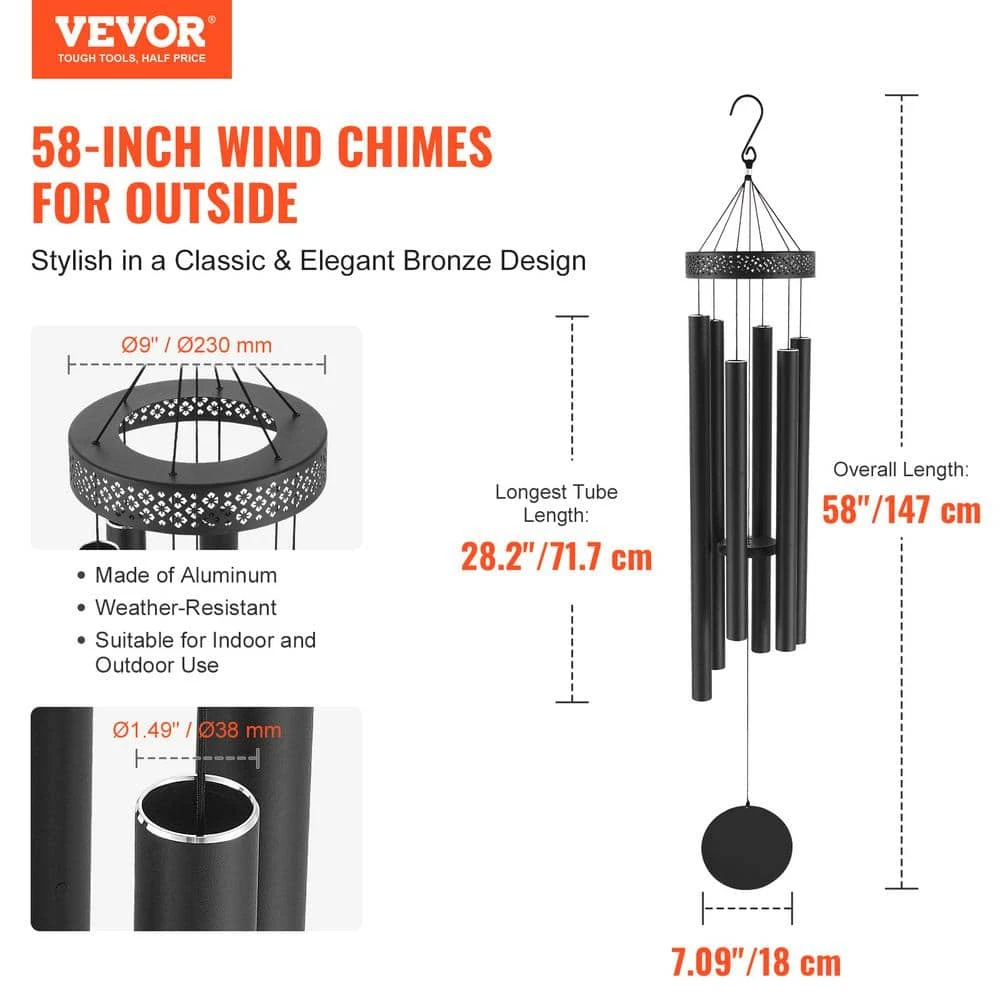 Black Wind Chimes For Outside, 58 In. Deep Tone Wind Chimes With 6 Tubes, Unique Large Memorial Wind Chimes, No Cabinet 4 Black Wind Chimes For Outside, 58 In. Deep Tone Wind Chimes With 6 Tubes, Unique Large Memorial Wind Chimes, No Cabinet - Image 2