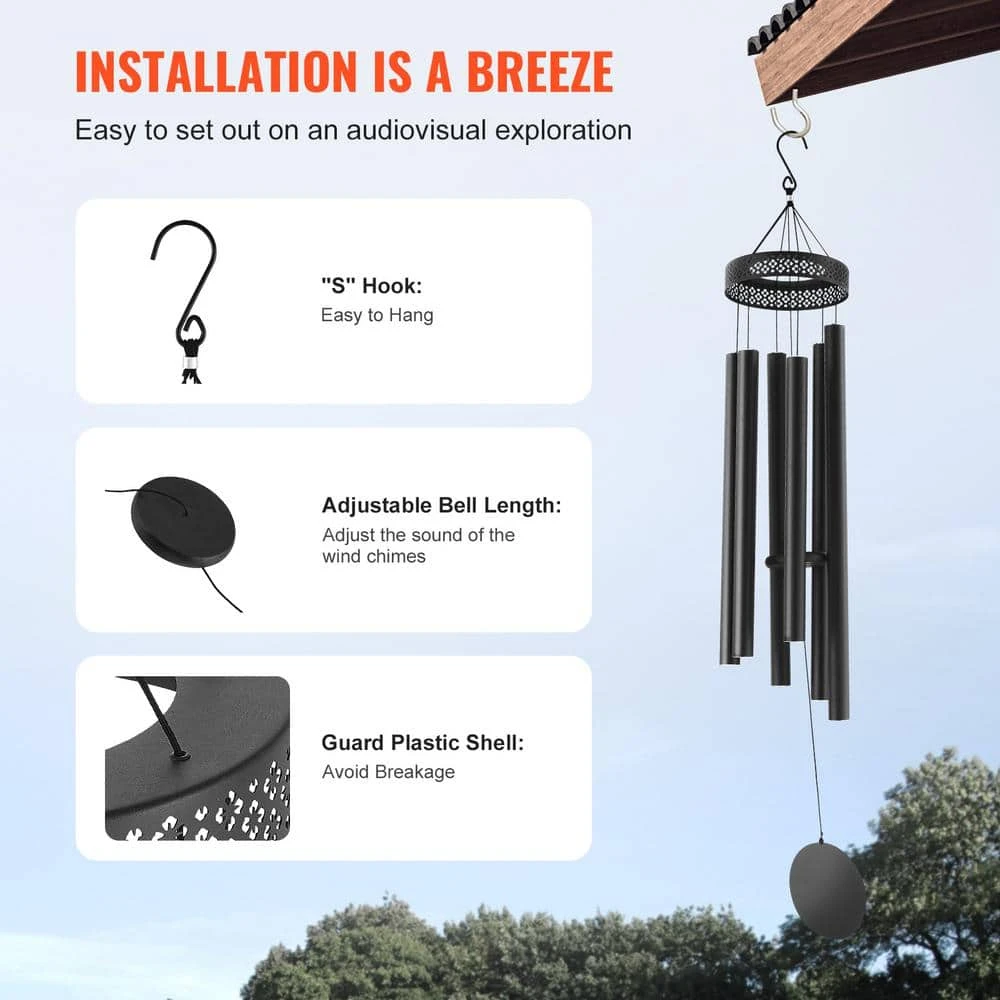 Black Wind Chimes For Outside, 58 In. Deep Tone Wind Chimes With 6 Tubes, Unique Large Memorial Wind Chimes, No Cabinet 8 Black Wind Chimes For Outside, 58 In. Deep Tone Wind Chimes With 6 Tubes, Unique Large Memorial Wind Chimes, No Cabinet - Image 6