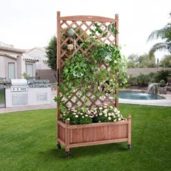 Wood Planter 30 In. X 13 In. X 61.4 In. Outdoor Raised Garden Bed With Trellis Free-Standing Trellis Planter Box -Patio Furniture Shop walnut raised planter boxes z75x31x150cm1shu1v0 31 1000