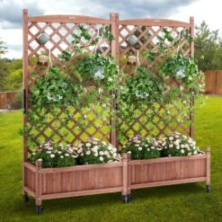 2-Pieces Wood Planter With Trellis Outdoor Raised Garden Bed 60 In. X 13 In. X 61.4 In. Standing Trellis Planter Box -Patio Furniture Shop walnut vevor raised planter boxes z75x31x150cm2k2nrv0 31 1000