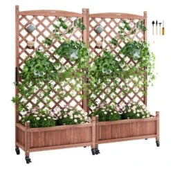 2-Pieces Wood Planter With Trellis Outdoor Raised Garden Bed 60 In. X 13 In. X 61.4 In. Standing Trellis Planter Box